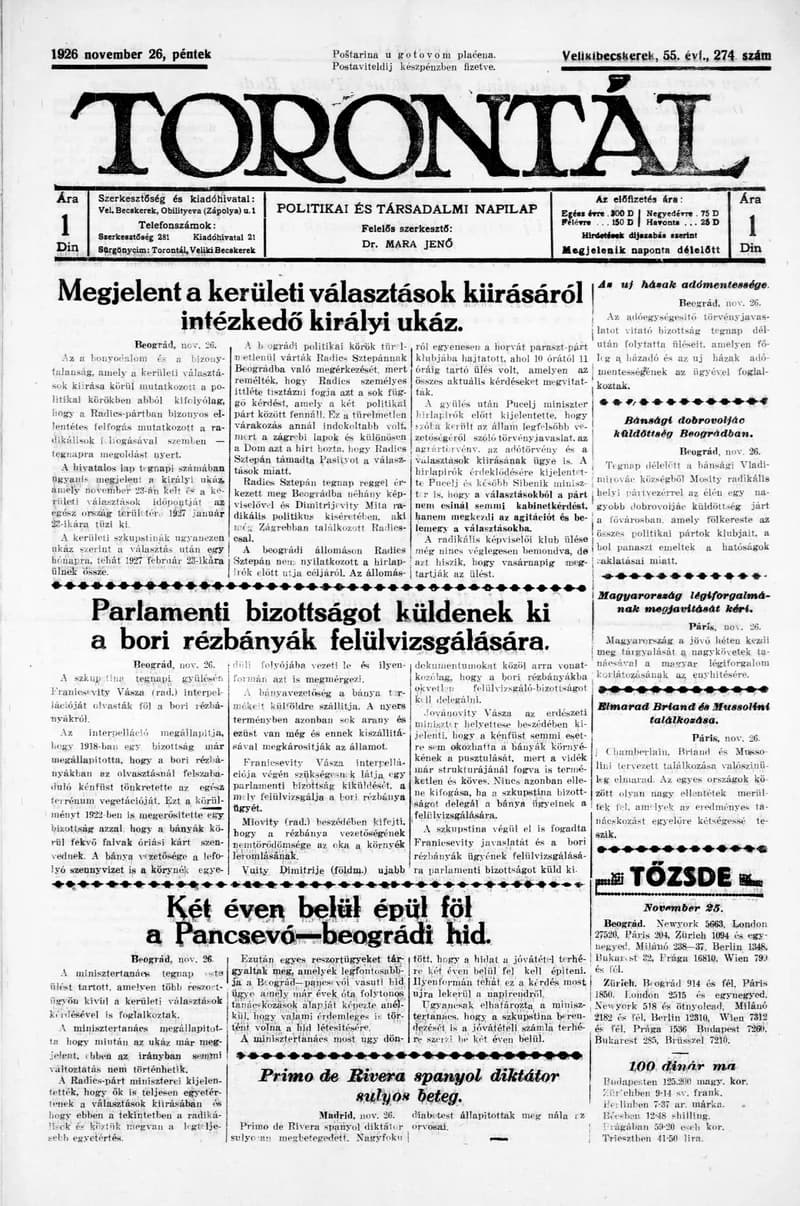 Torontál, 55. évf. 1926. november 26. 274. sz.