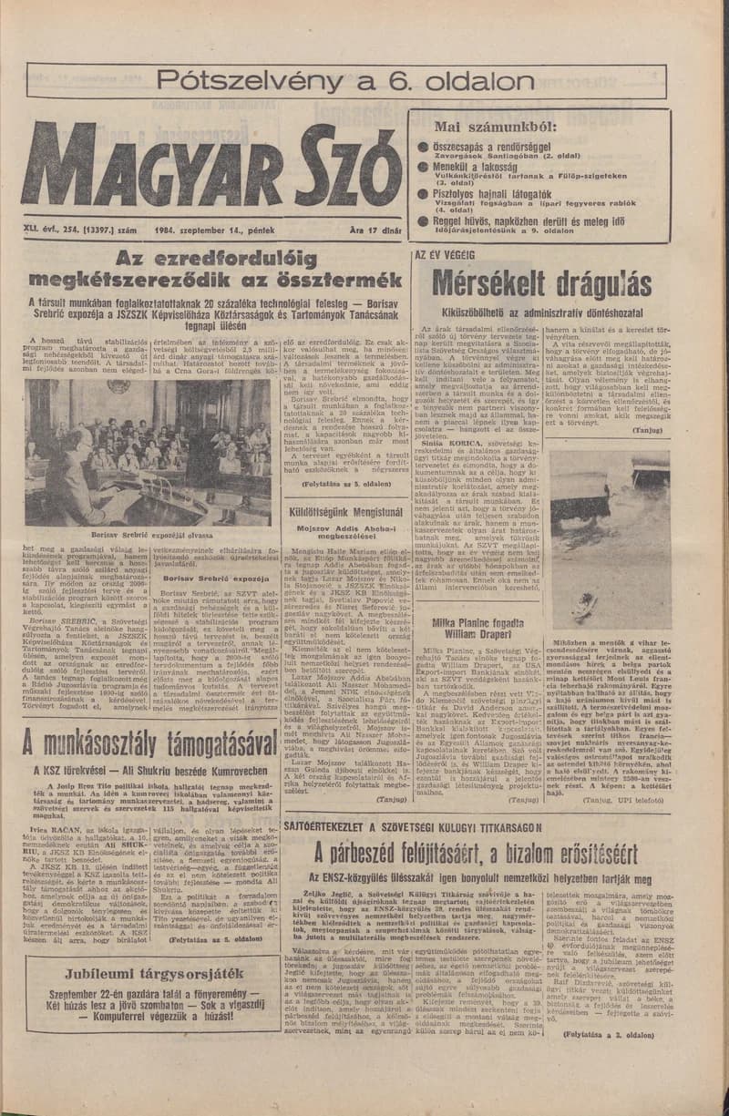 Magyar Szó, 41. évf. 1984. szeptember 14. 254. sz. 1–20. oldal