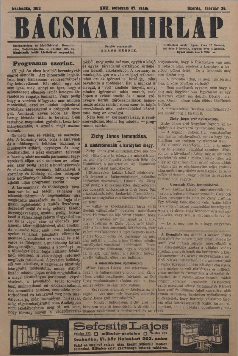 Bácskai Hirlap, 17. évf. 1913. február 26. 47. sz.