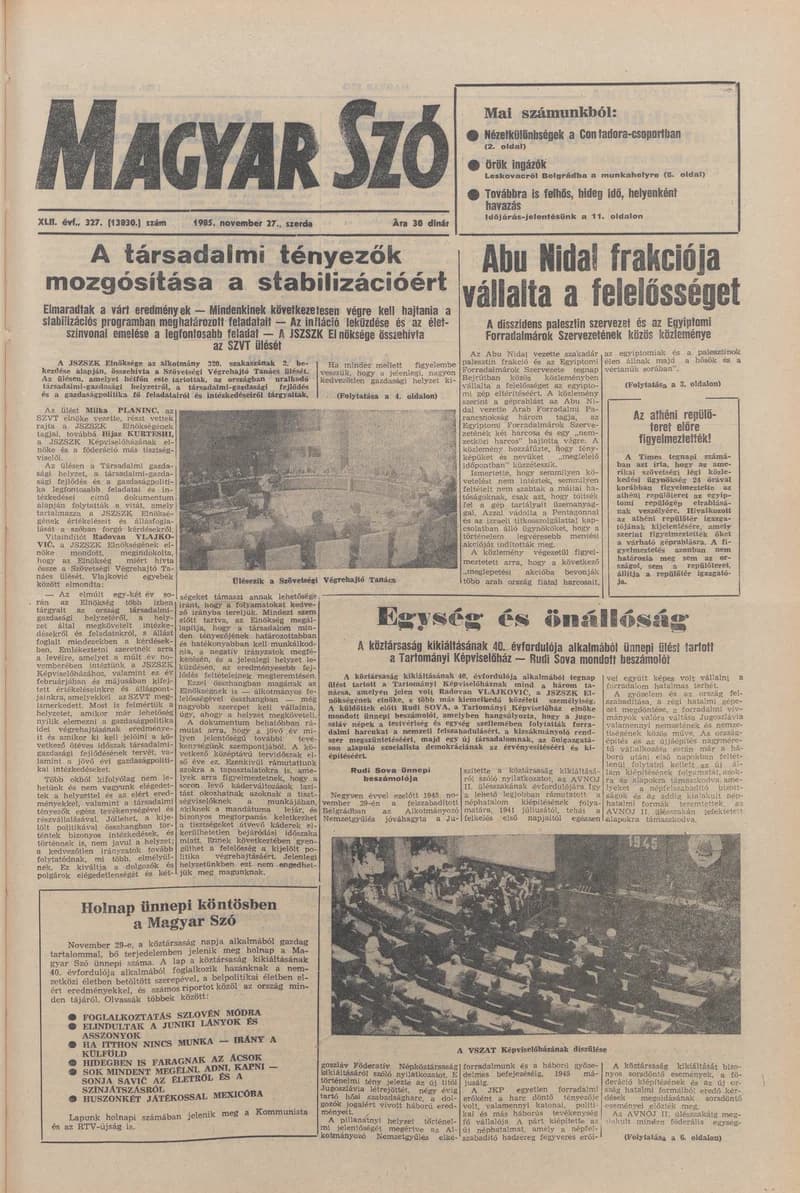 Magyar Szó, 42. évf. 1985. november 27. 327. sz. 1–16. oldal