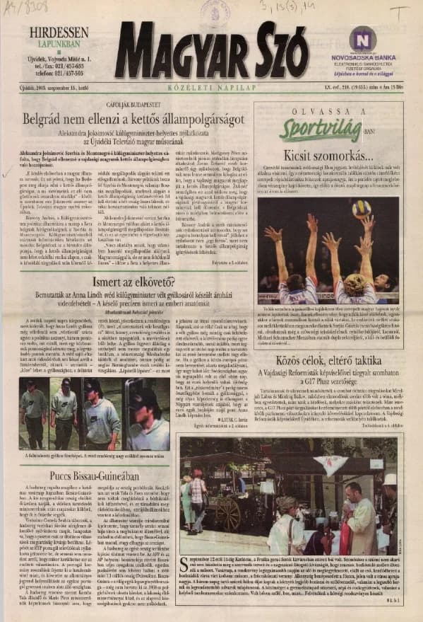 Magyar Szó, 60. évf. 2003. szeptember 15. 218. sz. 1–16. oldal
