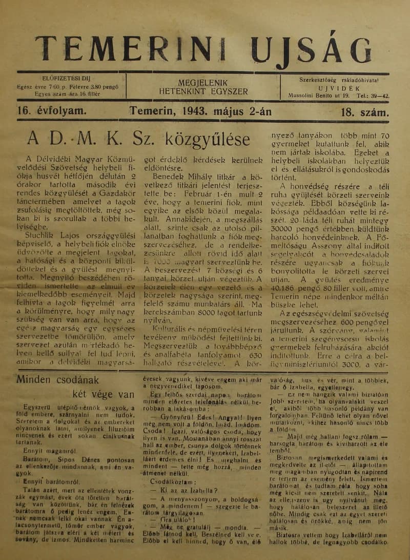 Temerini Újság 1928-1944, 16. évf. 1943. május 2. 18. sz.