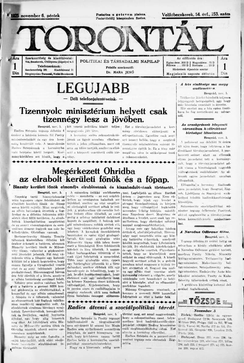 Torontál, 54. évf. 1925. november 6. 253. sz.