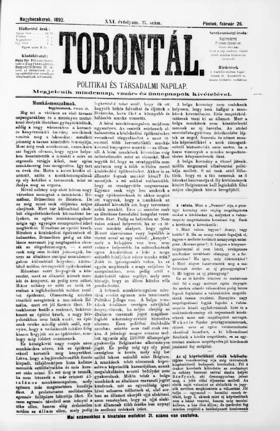 Torontál, 21. évf. 1892. február 26. 27. sz.
