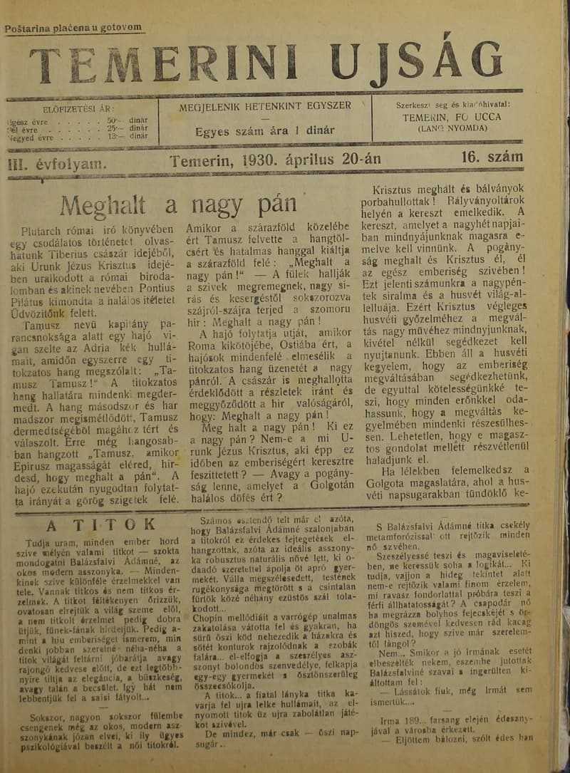 Temerini Újság 1928-1944, 3. évf. 1930. április 20. 16. sz.