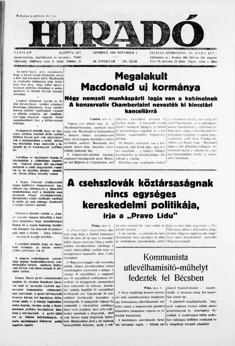 Híradó, 60. évf. 1931. november 7. 258. sz.