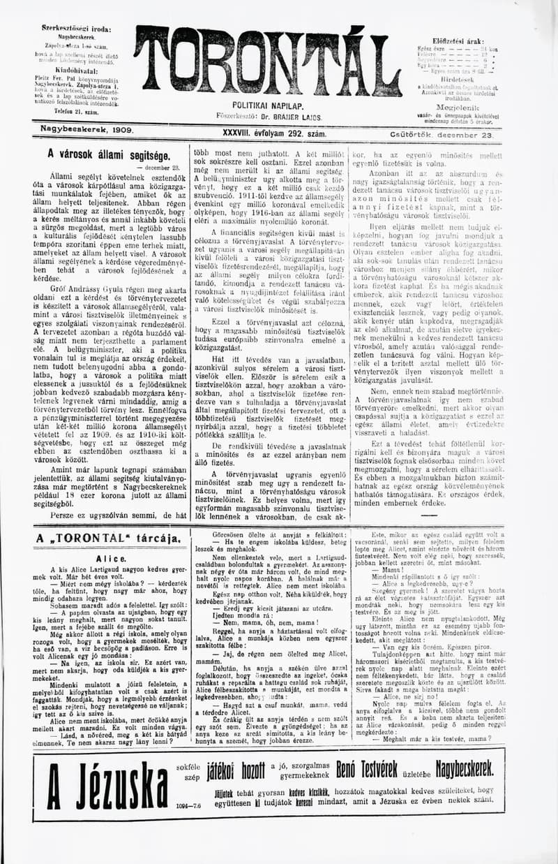 Torontál, 38. évf. 1909. december 23. 292. sz.