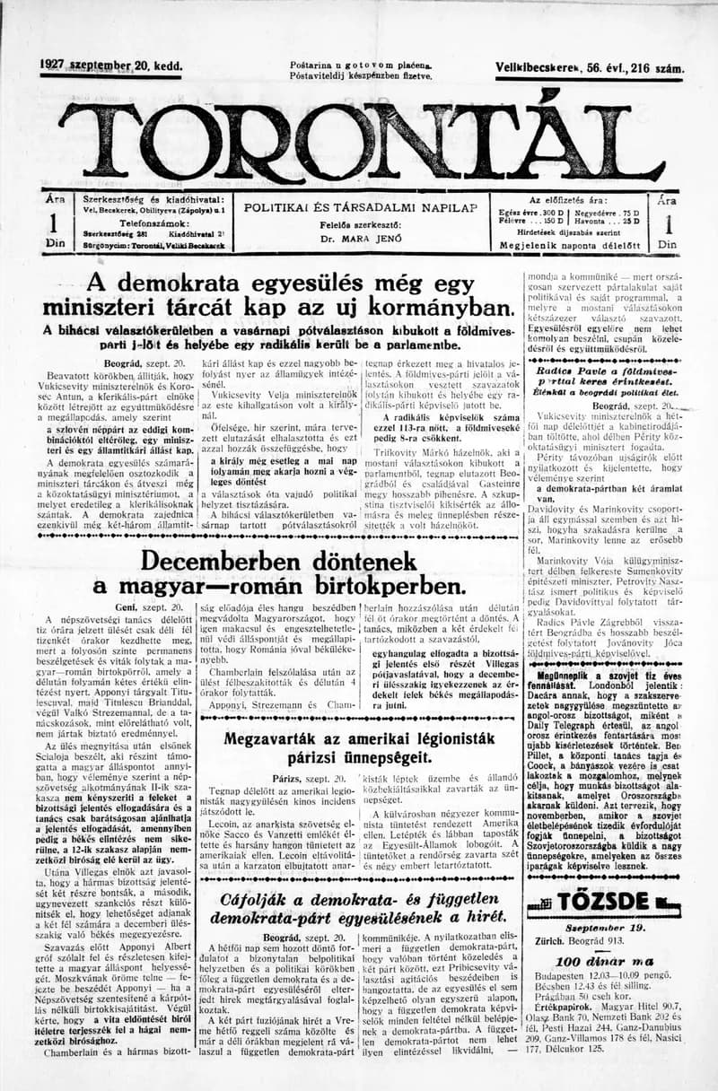 Torontál, 56. évf. 1927. szeptember 20. 216. sz.