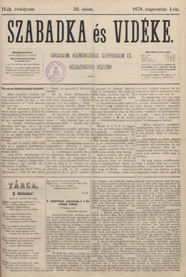 Szabadka és vidéke, 2. évf. 1878. augusztus 1. 53. sz.