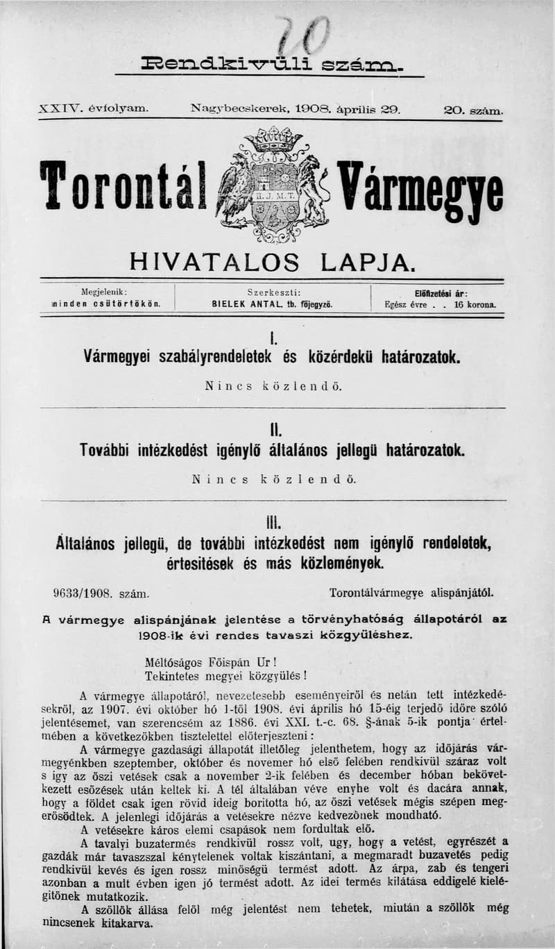 Torontál Vármegye Hivatalos Lapja, 24. évf. 1908. április 29. 20. sz.