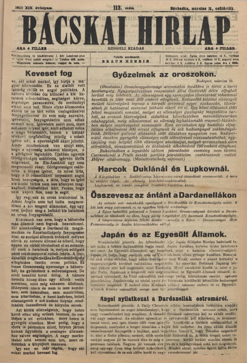 Bácskai Hirlap, 19. évf. 1915. március 11. 113. sz.