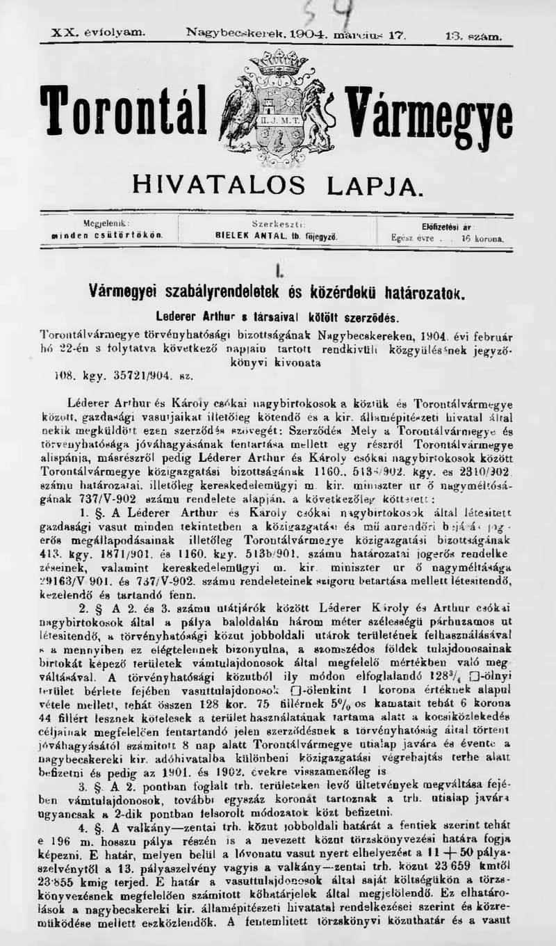 Torontál Vármegye Hivatalos Lapja, 20. évf. 1904. március 17. 13. sz.