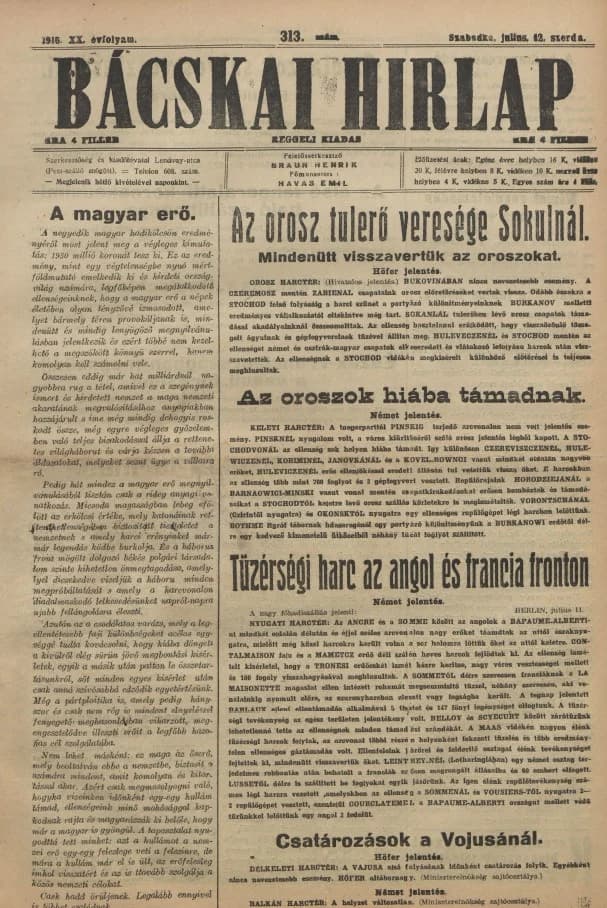 Bácskai Hirlap, 20. évf. 1916. július 12. 313. sz.