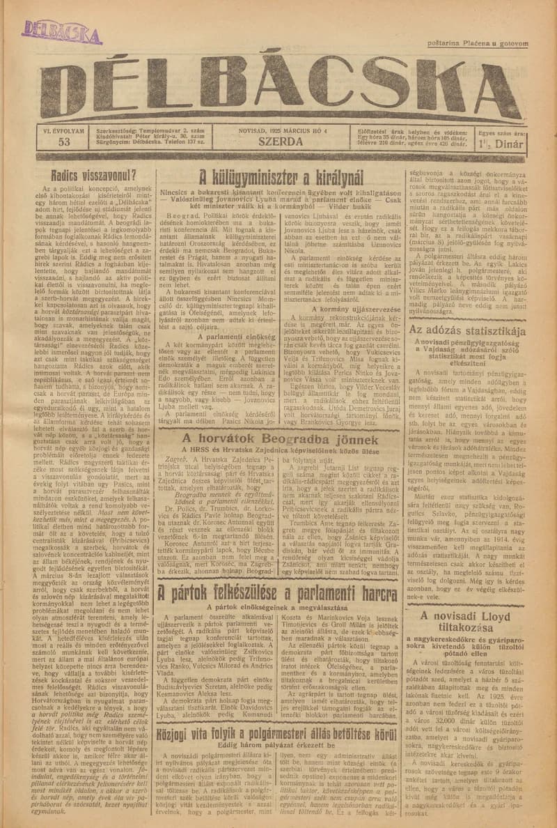 Délbácska, 6. évf. 1925. március 4. 53. sz.