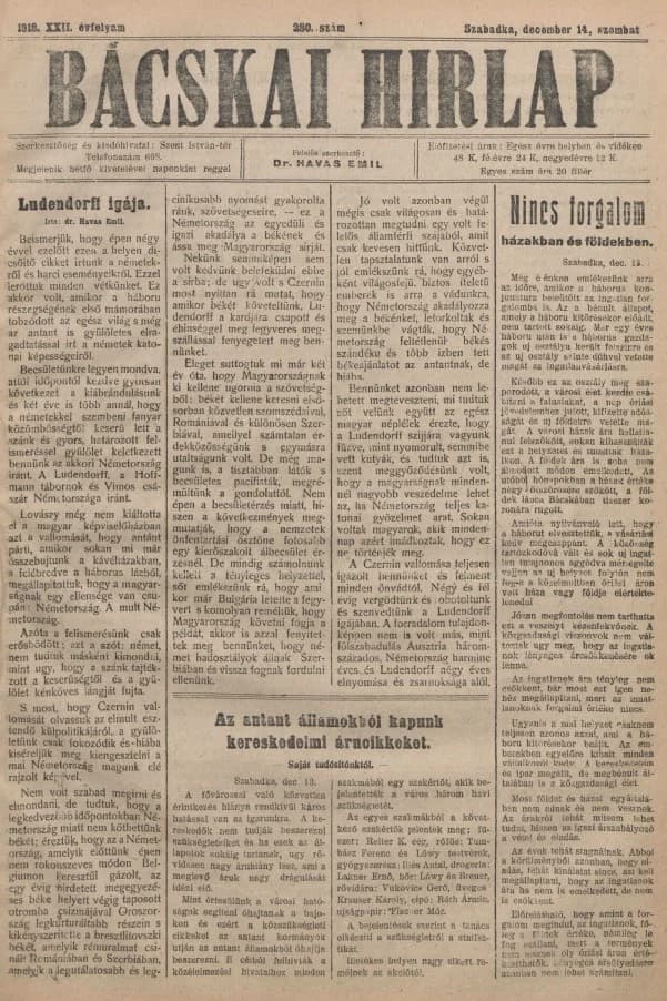 Bácskai Hirlap, 22. évf. 1918. december 14. 280. sz.