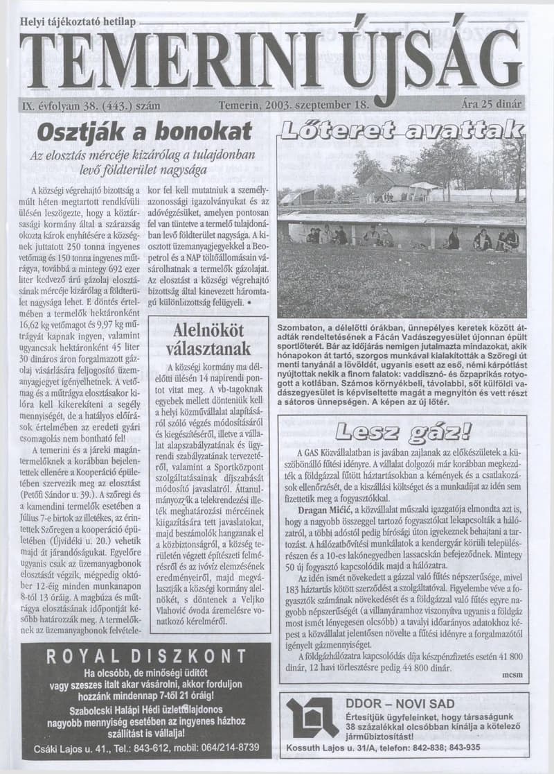 Temerini Újság, 9. évf. 2003. szeptember 18. 38. sz.