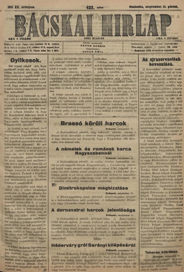 Bácskai Hirlap, 20. évf. 1916. szeptember 15. 422. sz.