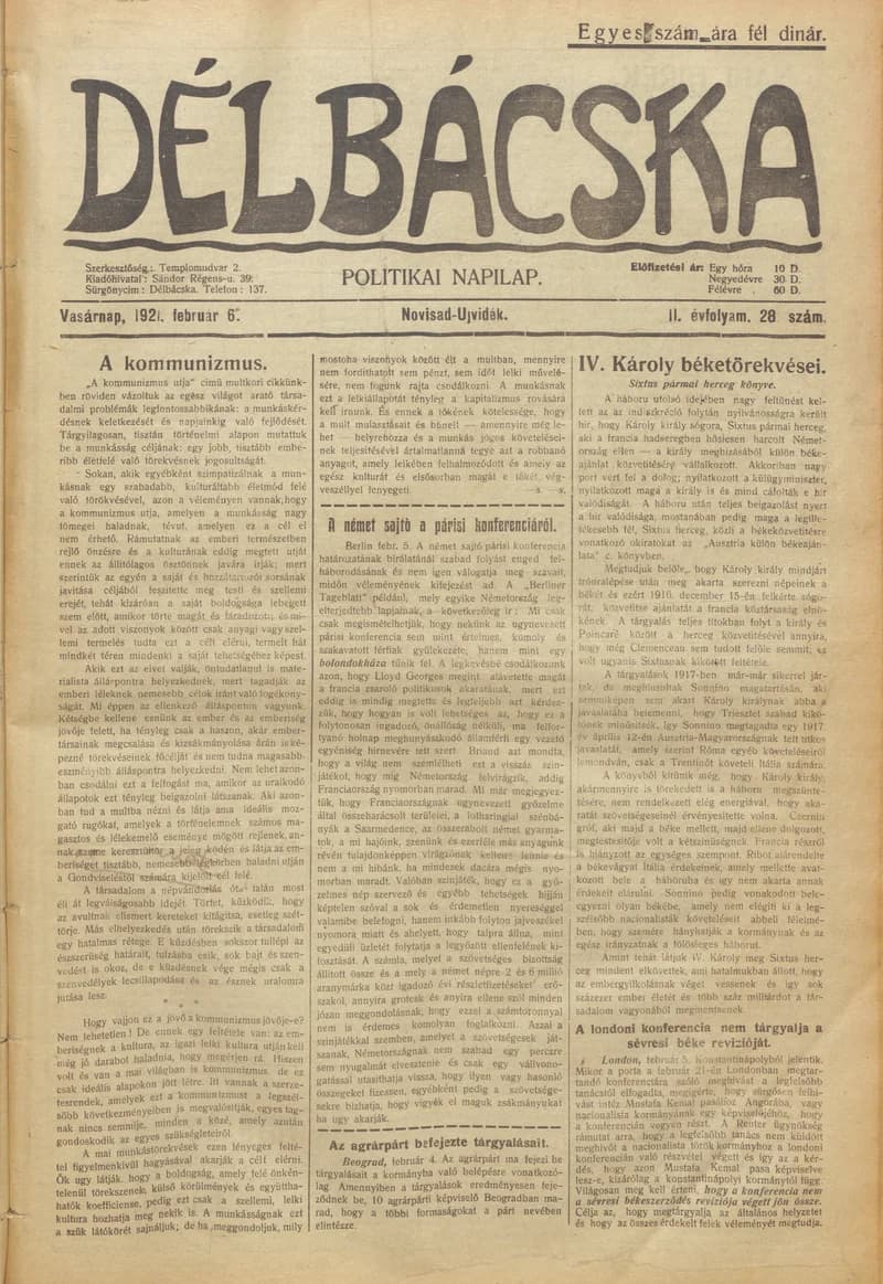 Délbácska, 2. évf. 1921. február 6. 28. sz.