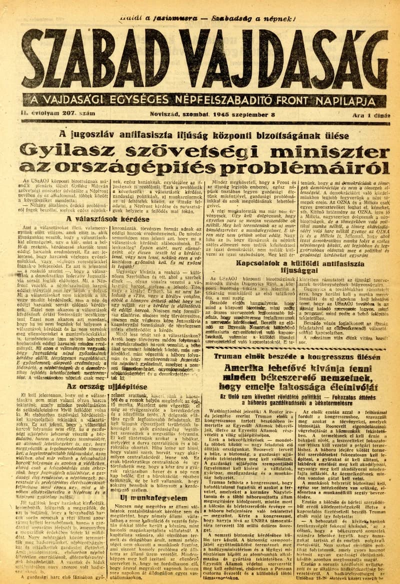 Szabad Vajdaság, 2. évf. 1945. szeptember 8. 207. sz.