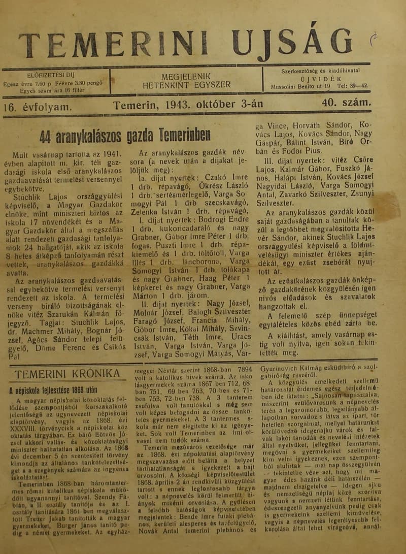 Temerini Újság 1928-1944, 16. évf. 1943. október 3. 40. sz.