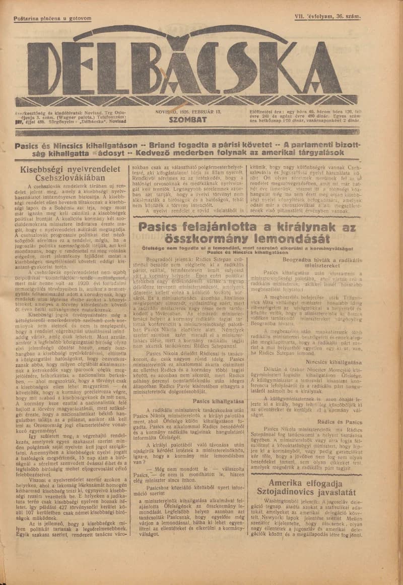 Délbácska, 7. évf. 1926. február 13. 36. sz.