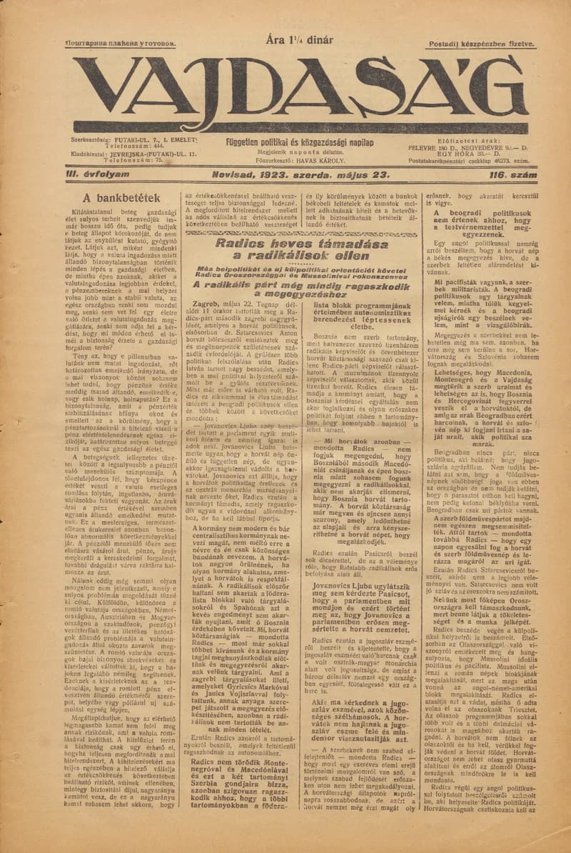 Vajdaság, 3. évf. 1923. május 23. 116. sz.