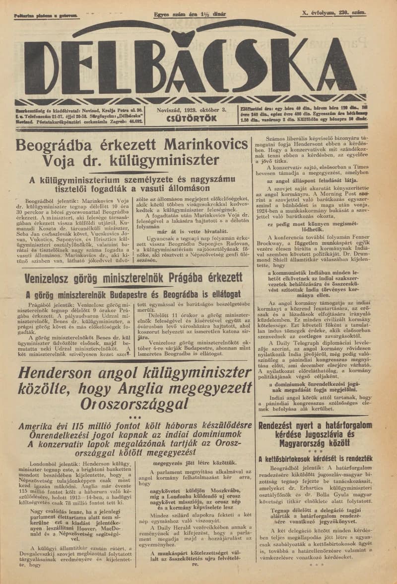 Délbácska, 10. évf. 1929. október 3. 230. sz.
