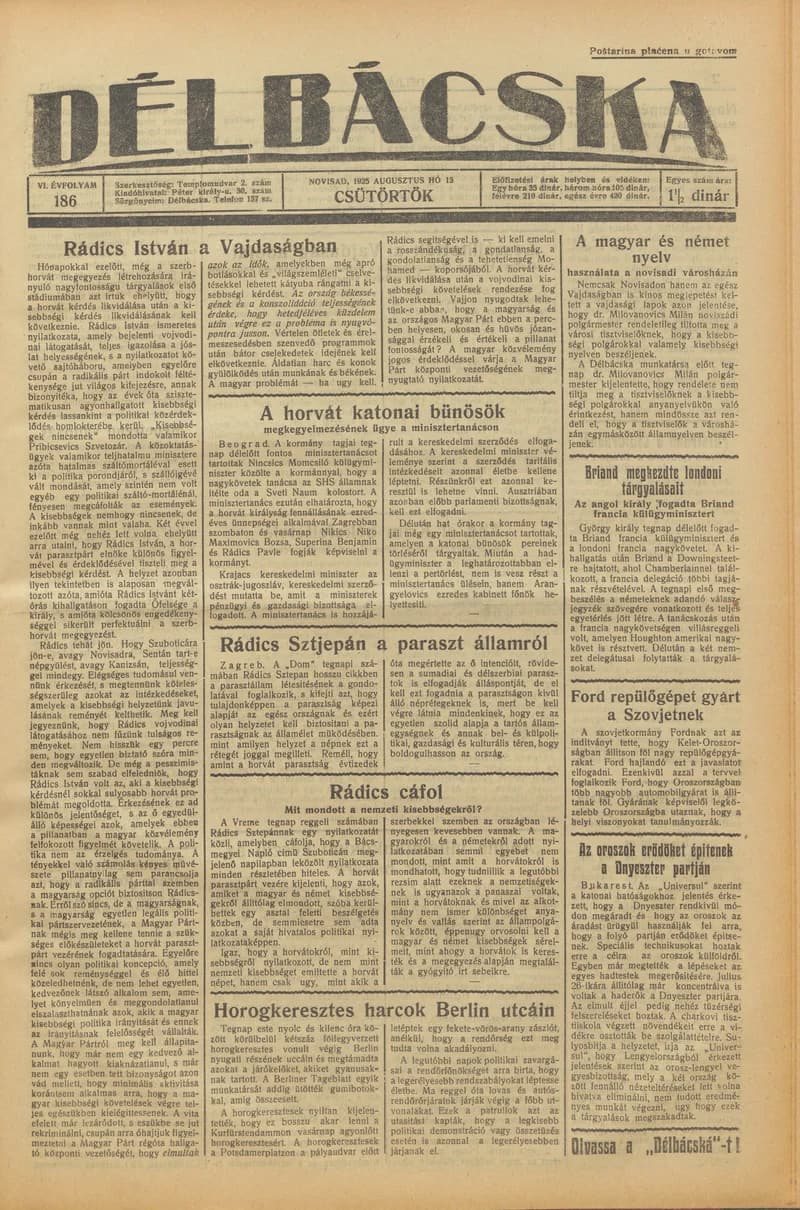 Délbácska, 6. évf. 1925. augusztus 13. 186. sz.
