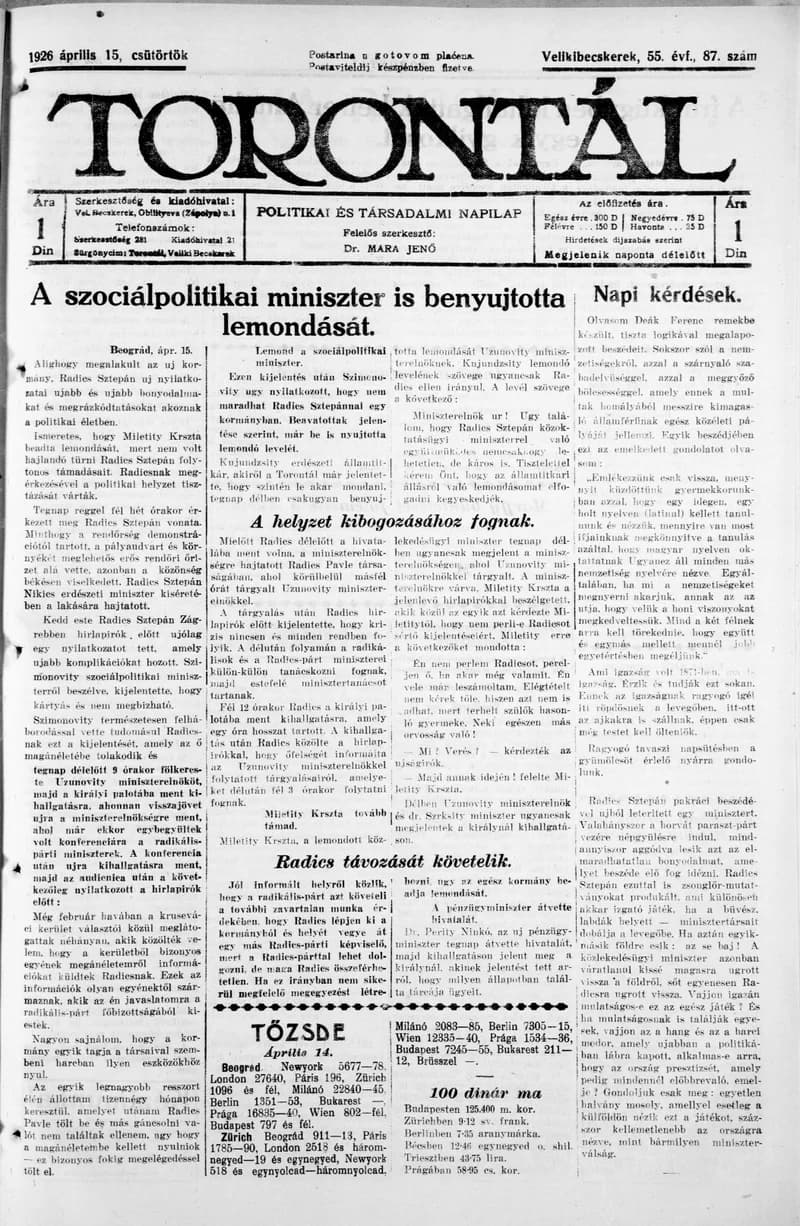 Torontál, 55. évf. 1926. április 15. 87. sz.