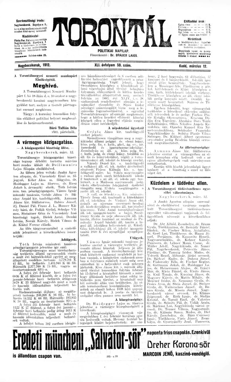 Torontál, 41. évf. 1912. március 12. 59. sz.