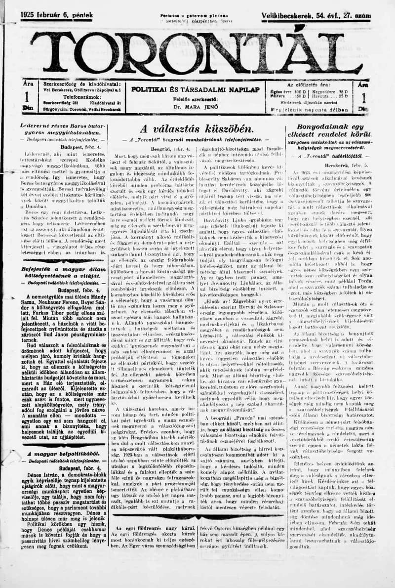Torontál, 54. évf. 1925. február 6. 27. sz.