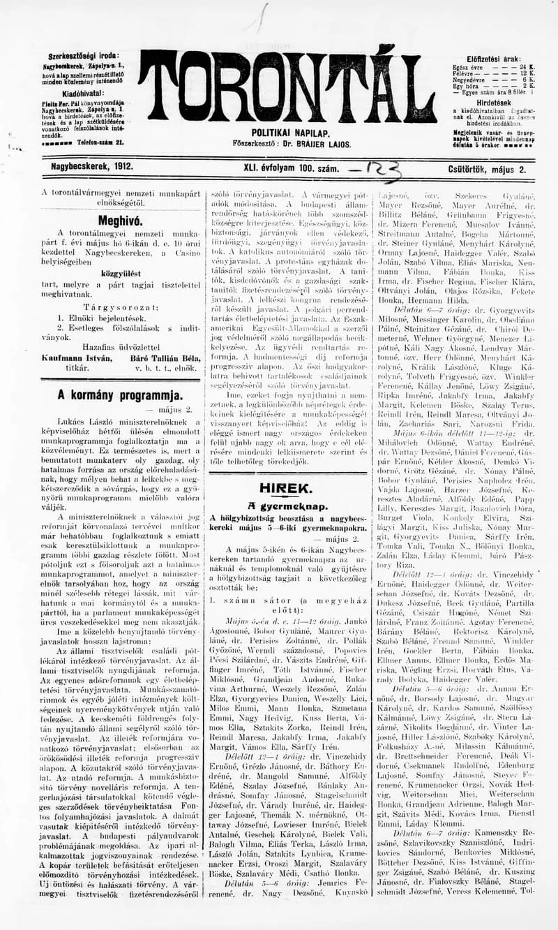 Torontál, 41. évf. 1912. május 2. 100. sz.