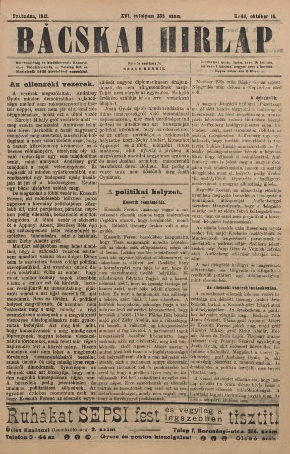 Bácskai Hirlap, 16. évf. 1912. október 15. 235. sz.