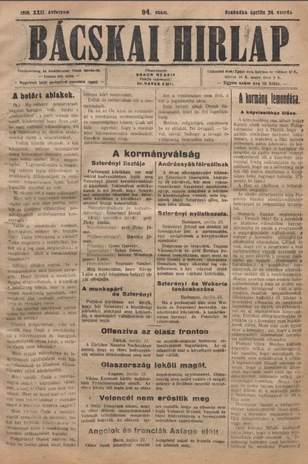 Bácskai Hirlap, 22. évf. 1918. április 24. 94. sz.