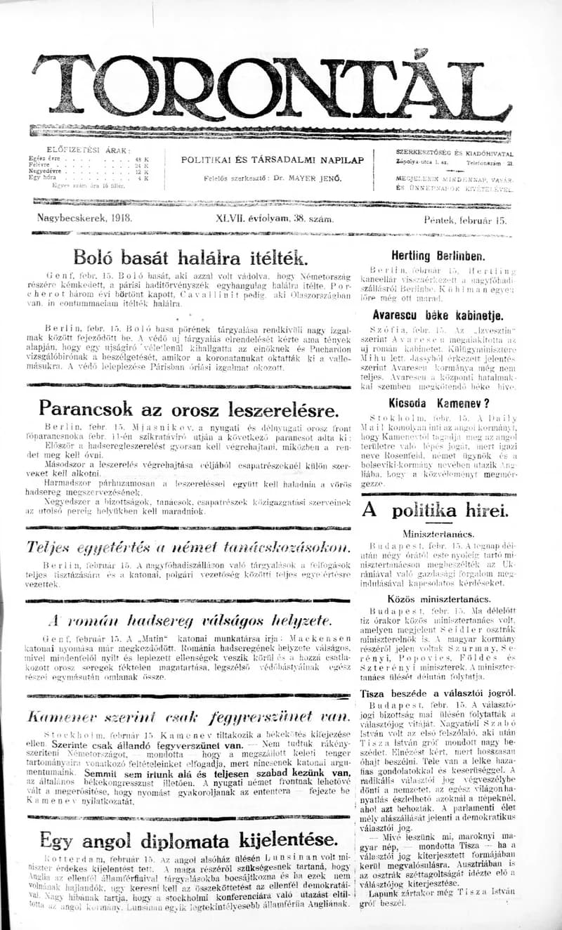 Torontál, 47. évf. 1918. február 15. 38. sz.