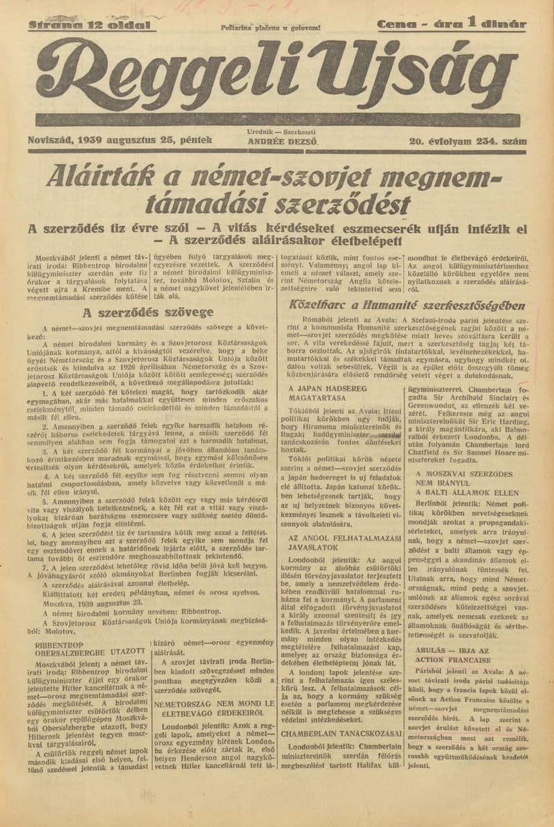 Reggeli Újság, 20. évf. 1939. augusztus 25. 234. sz.