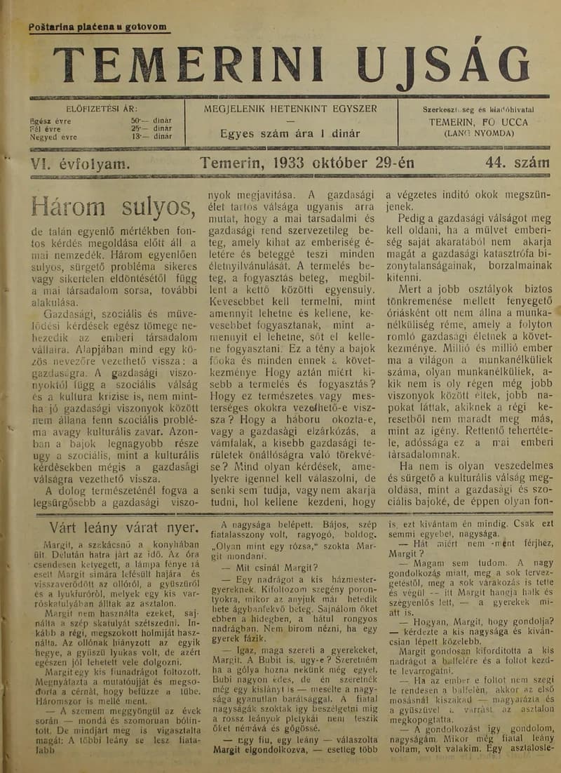 Temerini Újság 1928-1944, 6. évf. 1933. október 29. 44. sz.