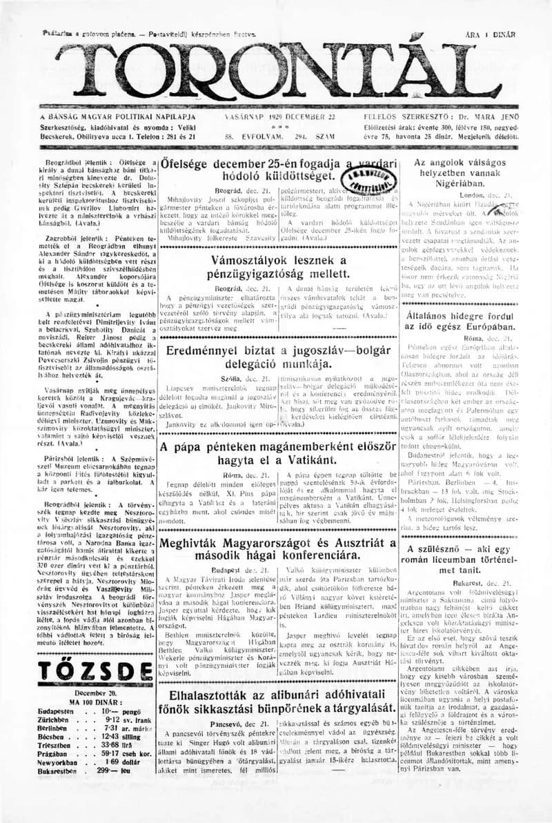 Torontál, 58. évf. 1929. december 22. 294. sz.