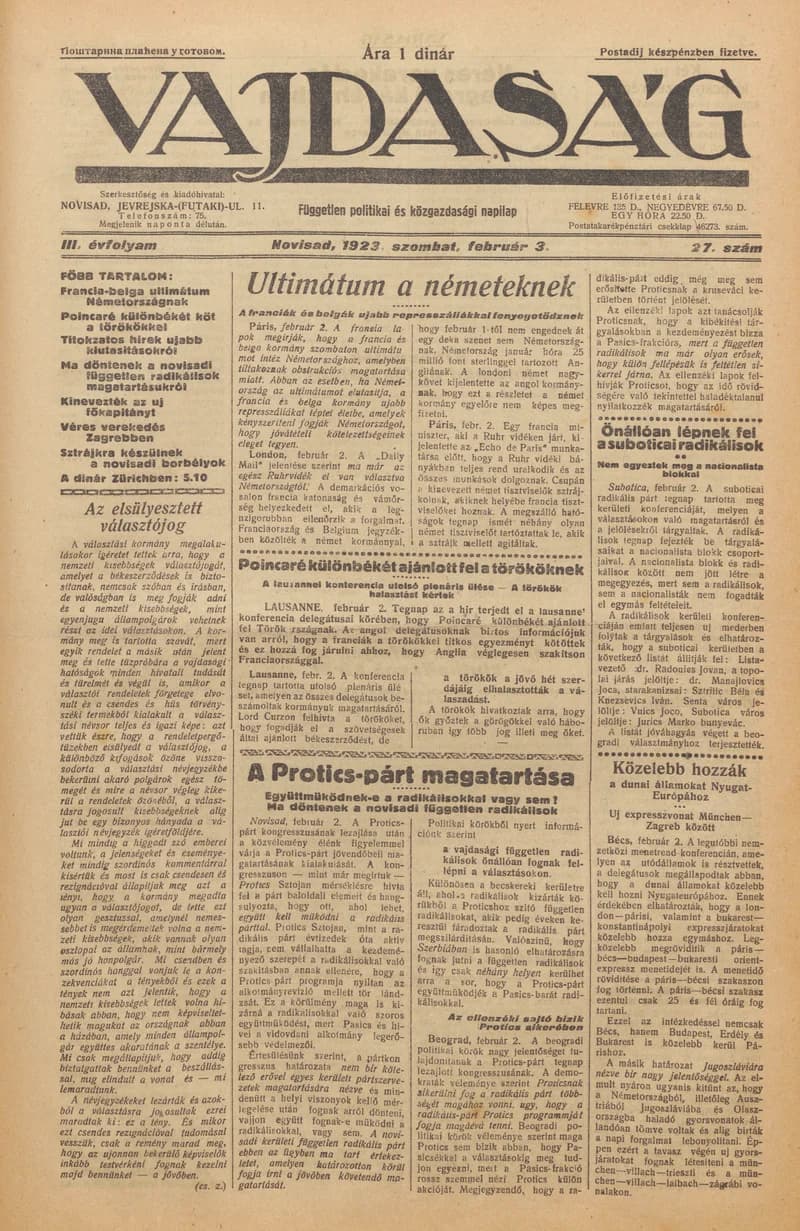 Vajdaság, 3. évf. 1923. február 3. 27. sz.