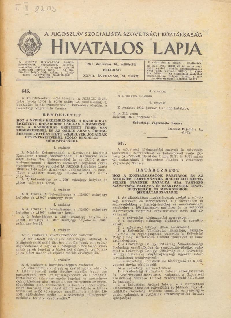 A Jugoszláv Szocialista Szövetségi Köztársaság Hivatalos Lapja, 27. évf. 1971. december 16. 56. sz. 1041–1088. oldal