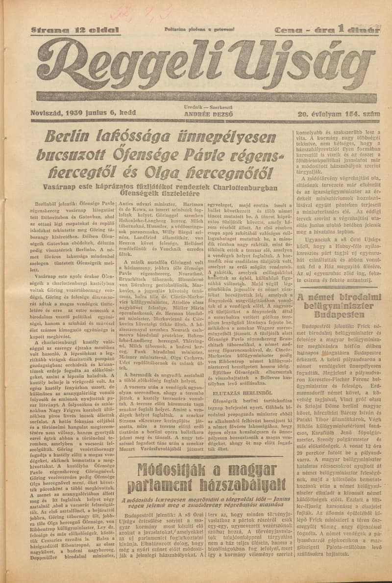 Reggeli Újság, 20. évf. 1939. június 6. 154. sz.