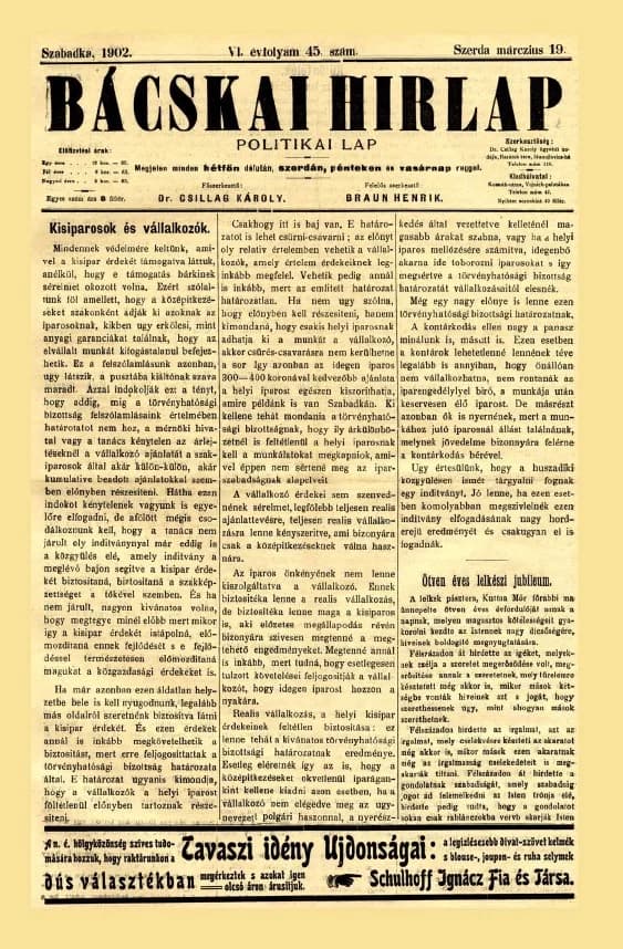 Bácskai Hirlap, 6. évf. 1902. március 19. 45. sz.