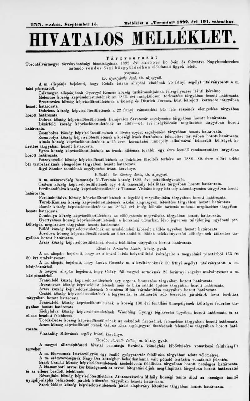 A Totontál  hivatalos melléklete, 5. évf. 1892. szeptember 15. 155. sz.