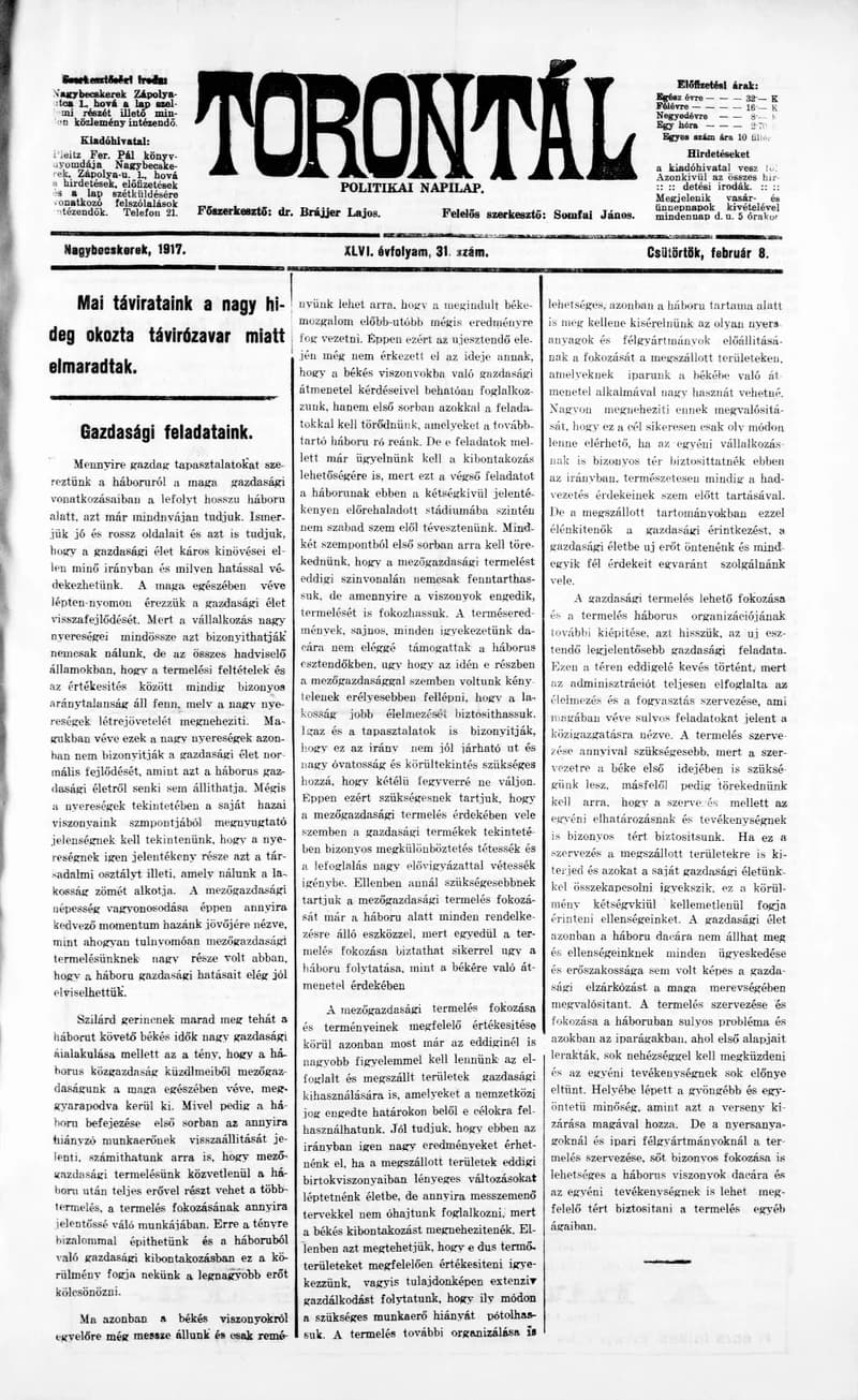 Torontál, 46. évf. 1917. február 8. 31. sz.