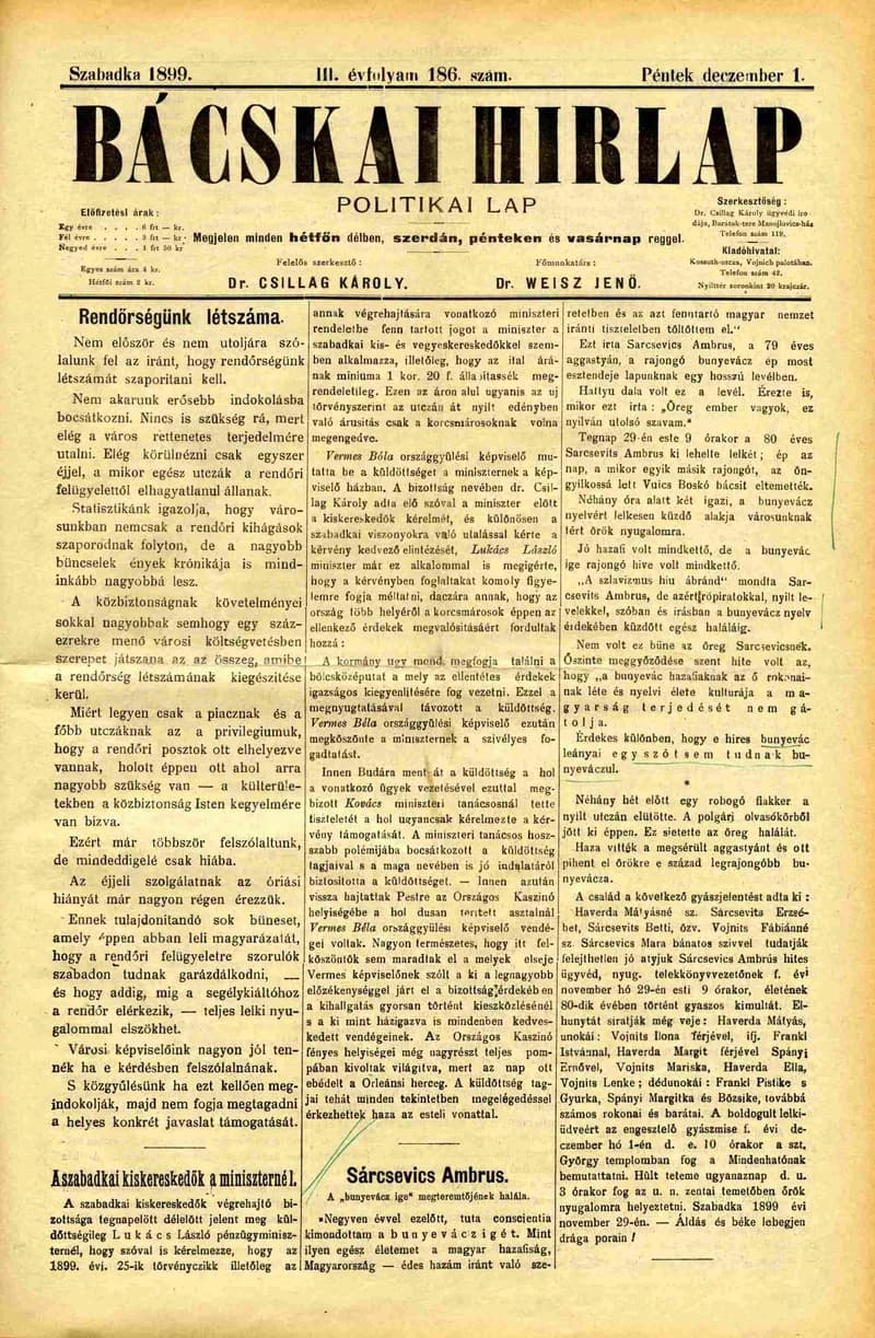 Bácskai Hirlap, 3. évf. 1899. december 1. 186. sz.