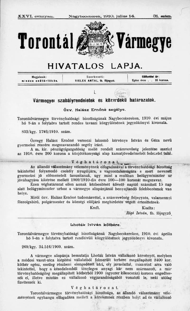 Torontál Vármegye Hivatalos Lapja, 26. évf. 1910. július 14. 31. sz.