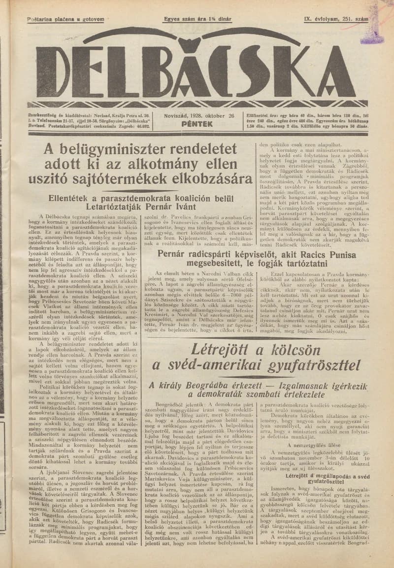 Délbácska, 9. évf. 1928. október 26. 251. sz.