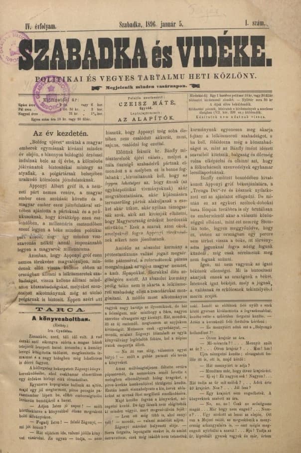 Szabadka és vidéke II, 4. évf. 1896. január 5. 1. sz.
