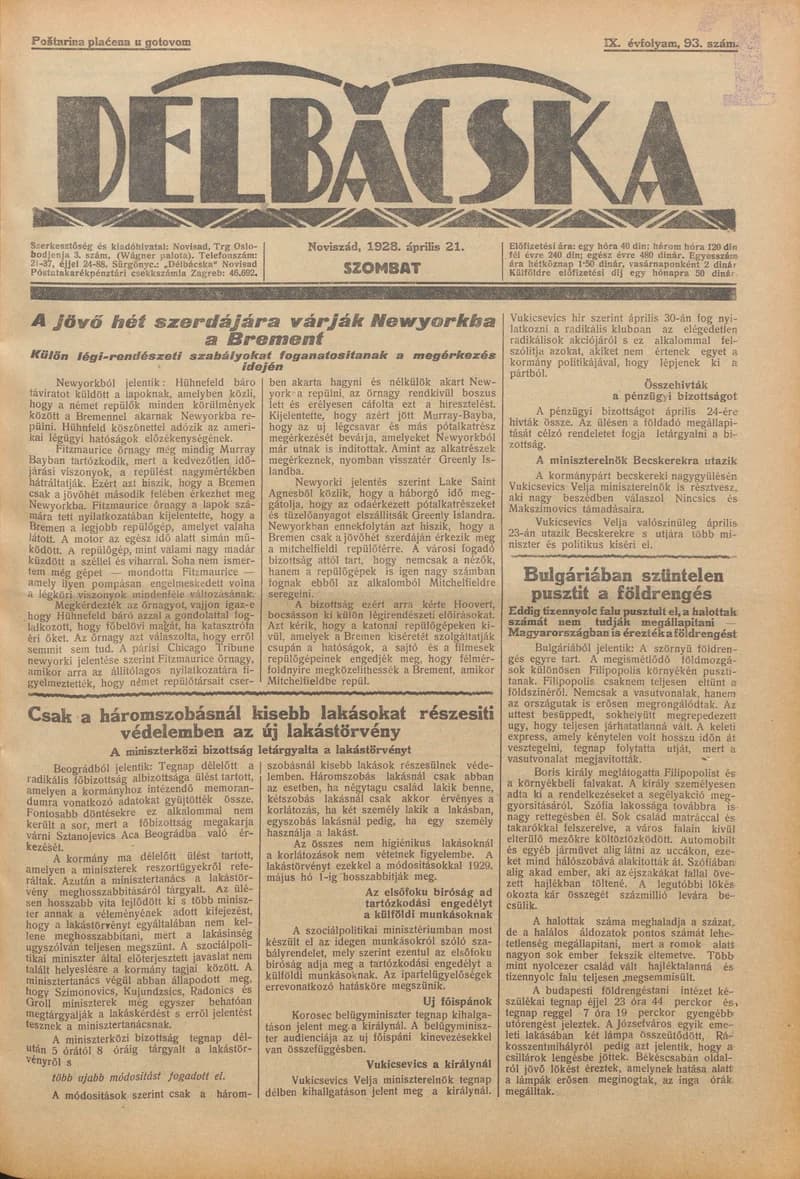 Délbácska, 9. évf. 1928. április 21. 93. sz.