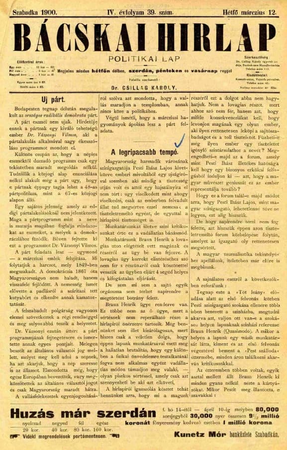 Bácskai Hirlap, 4. évf. 1900. március 12. 39. sz.